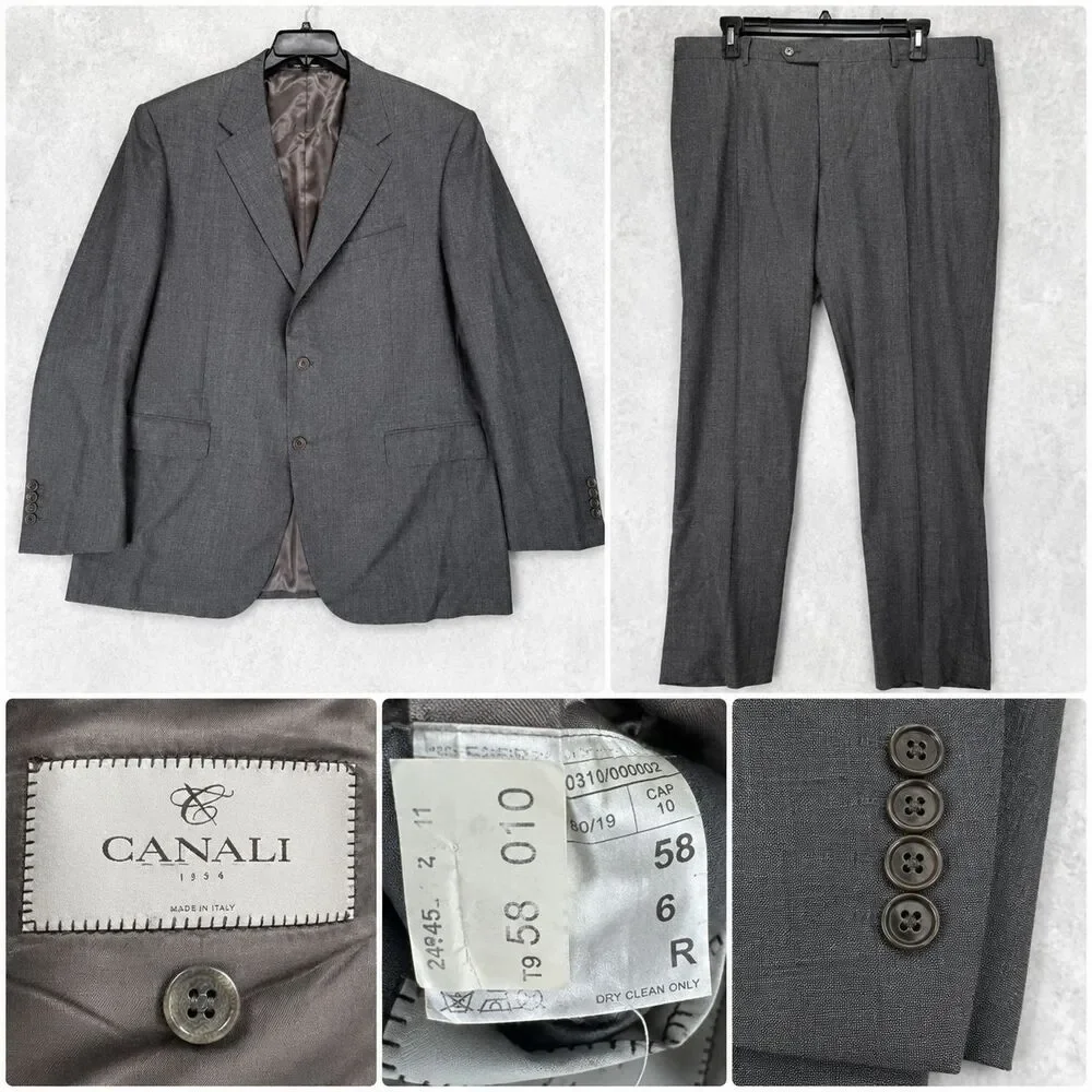Canali Mens Suit 58R Gray Wool 2 Pieces Italy Travel Silk Lined made in Italy